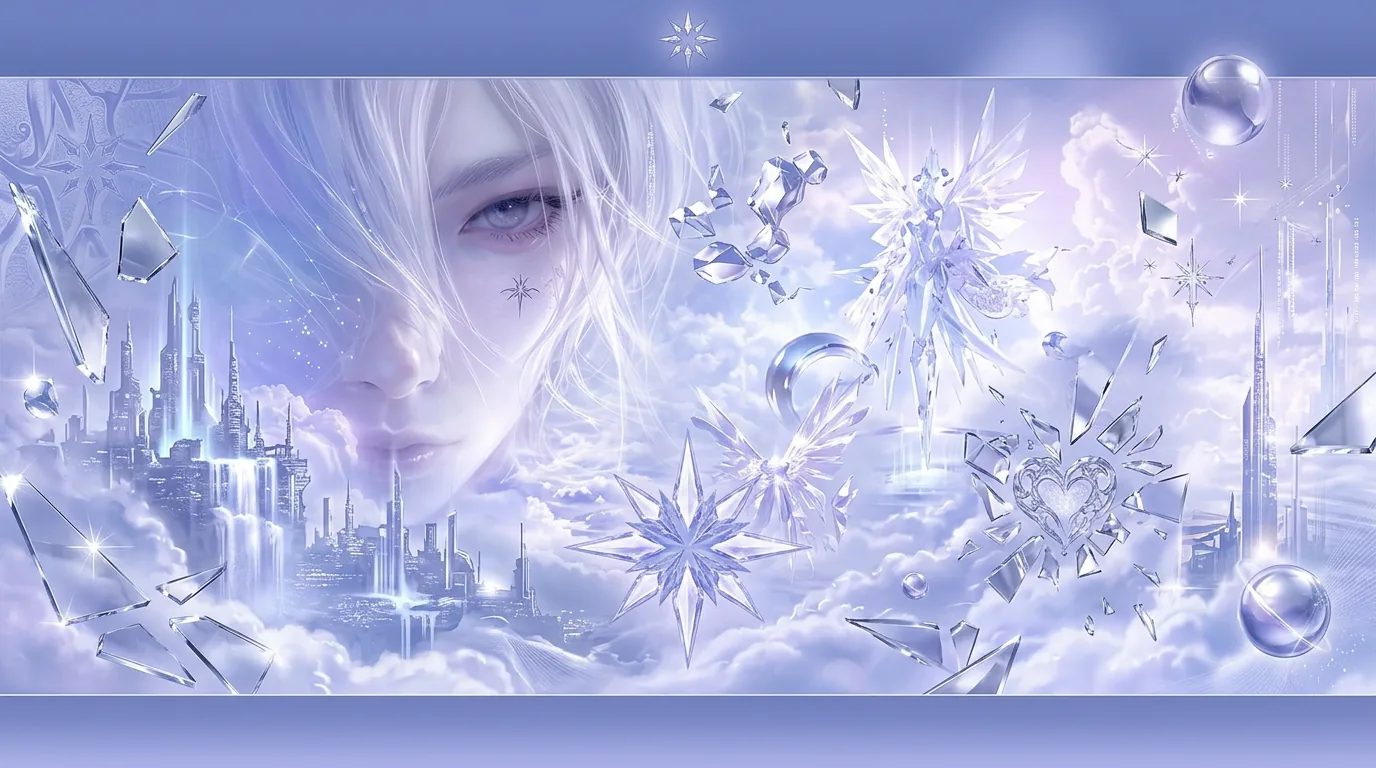 A silver dream city floating among clouds and crystals